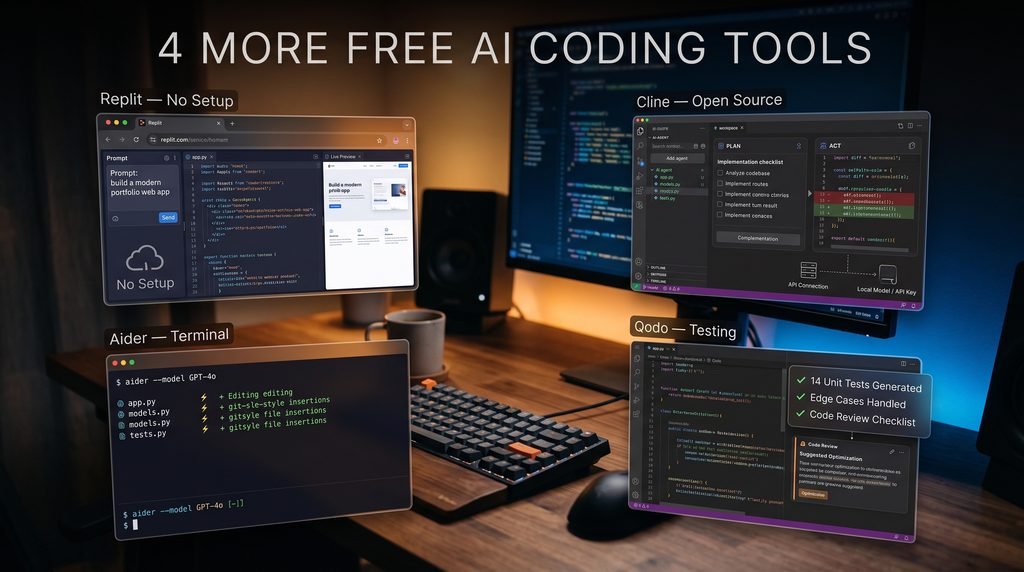 Free AI coding tools including Replit, Cline, Aider, and Qodo for beginners and developers