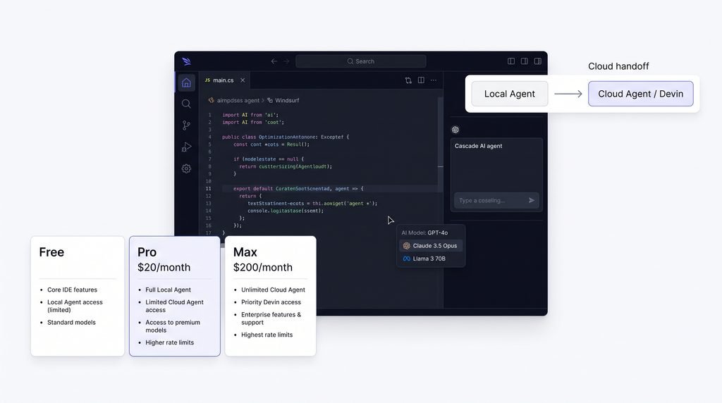 Windsurf AI-first IDE with Cascade agent, cloud handoff, model switching, and pricing