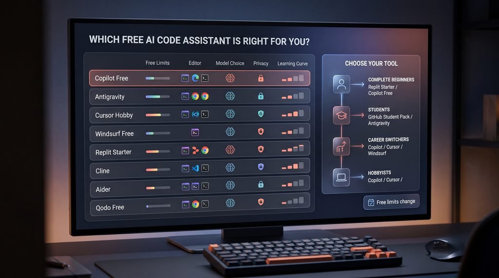 Free AI coding assistant comparison showing limits, editors, privacy, learning curve, and user recommendations
