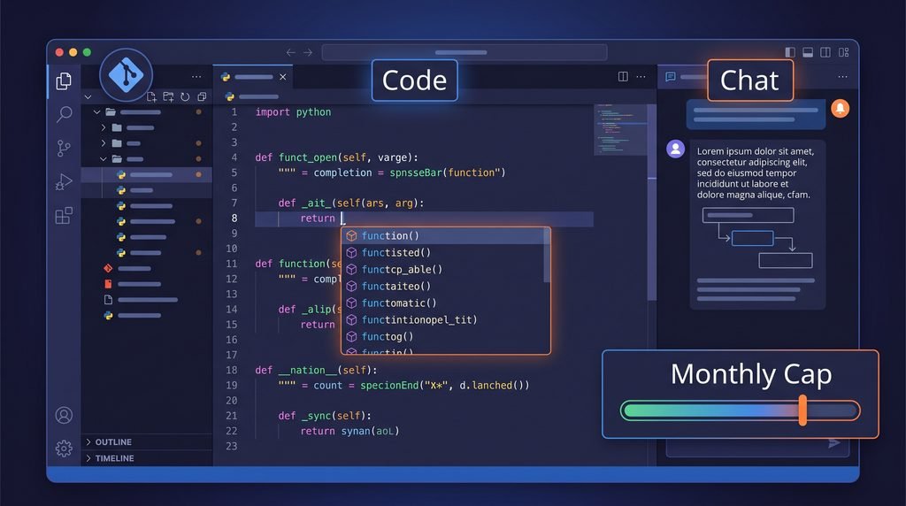 Coding assistant with code completions chat and monthly limits