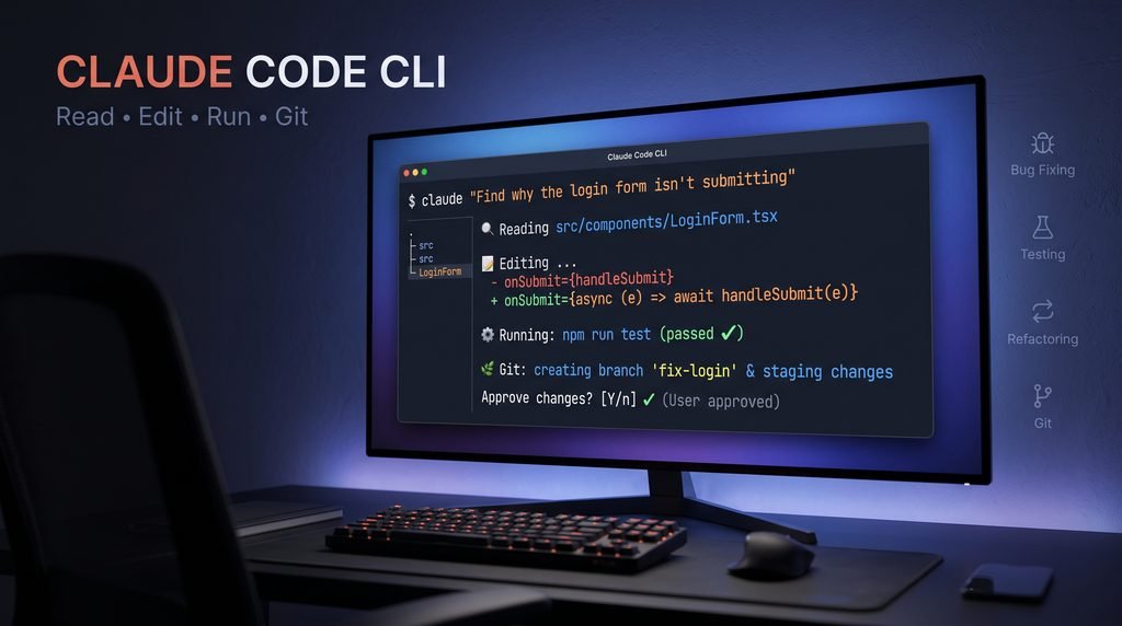 Claude Code CLI terminal assistant reading files, editing code, and running commands