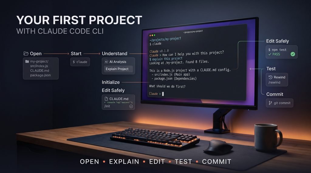 First Claude Code CLI project workflow showing project setup, code explanation, CLAUDE.md initialization, safe editing, testing, rewind, and Git commit.