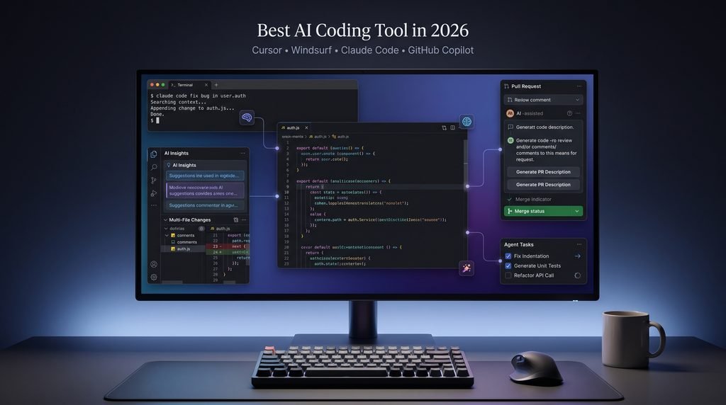 Best AI coding tool in 2026 comparison of Cursor Windsurf Claude Code and GitHub Copilot