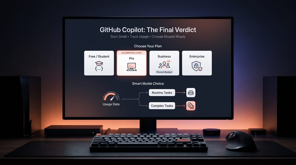 GitHub Copilot pricing verdict for 2026 showing plan selection, usage monitoring, and smart AI model choices for developers and teams