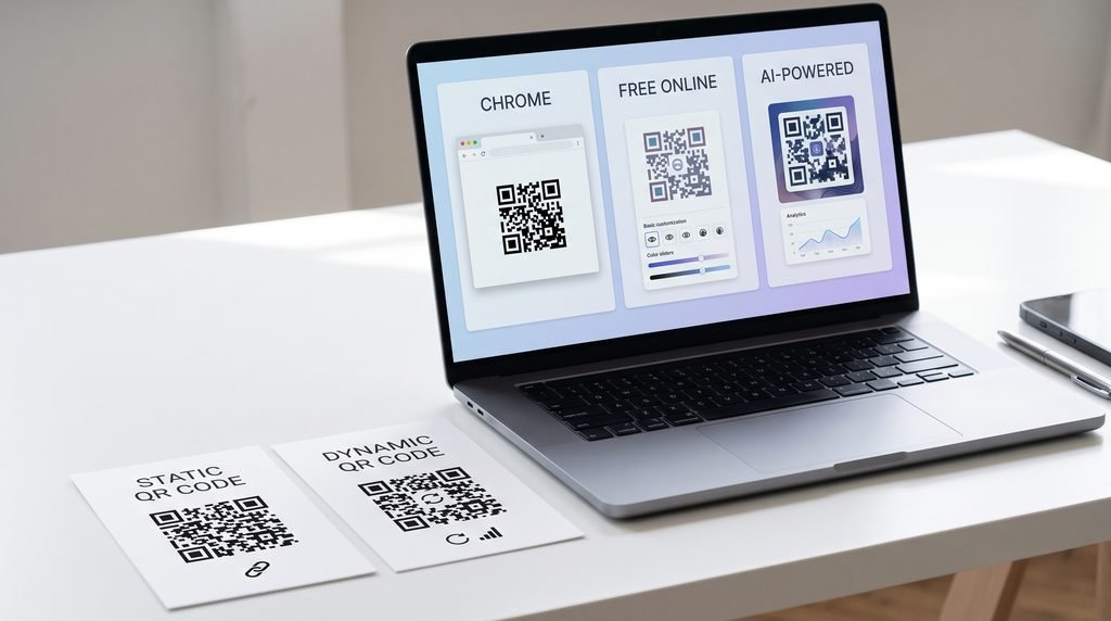 Laptop comparing Chrome, free online, and AI-powered QR code generators beside static and dynamic QR code cards.