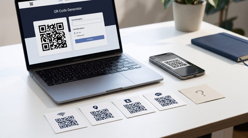 Smartphone and laptop displaying a QR code generator alongside Wi-Fi, location, vCard, and SMS QR code examples.