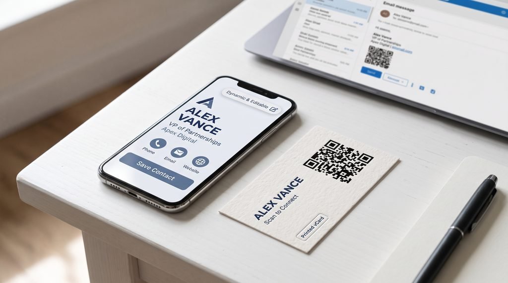 vCard QR code on a business card beside a smartphone displaying digital contact details for easy sharing and saving.