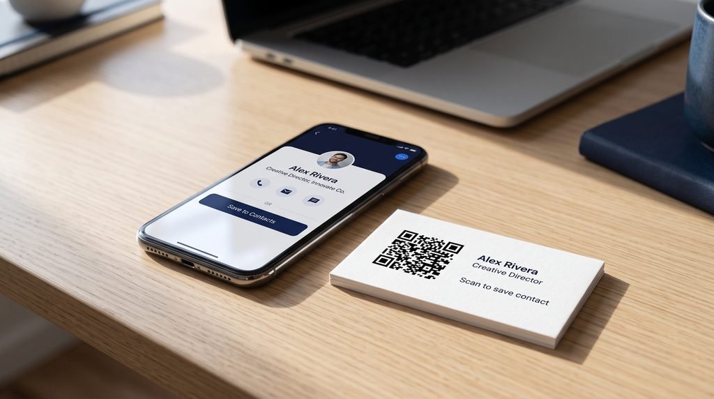 vCard QR code on a business card beside a smartphone displaying a digital contact profile for easy contact saving.
